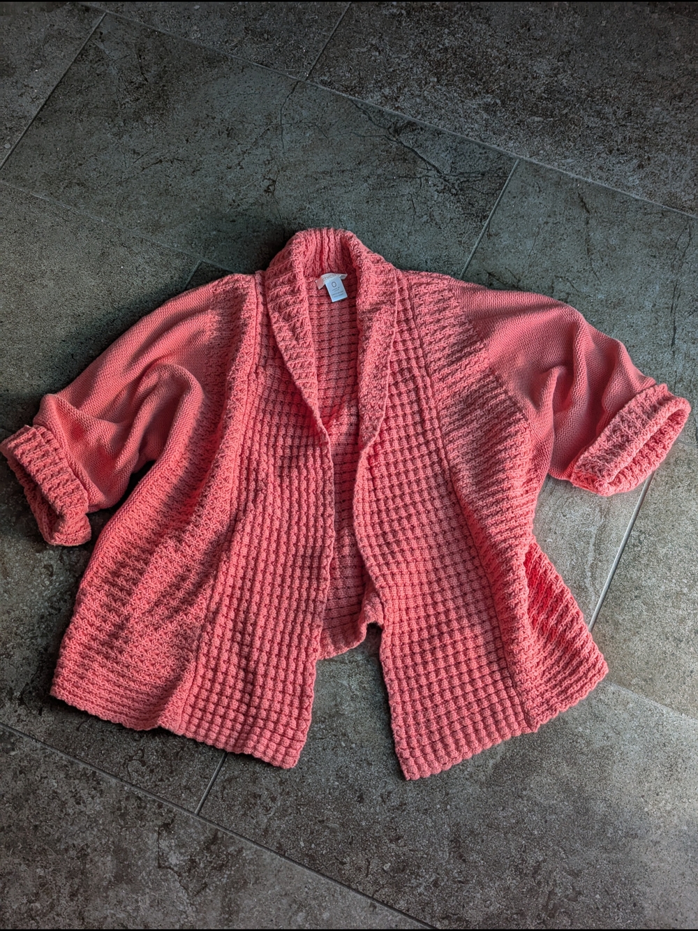Chico's Coral Waffle-Knit Open Front Cardigan